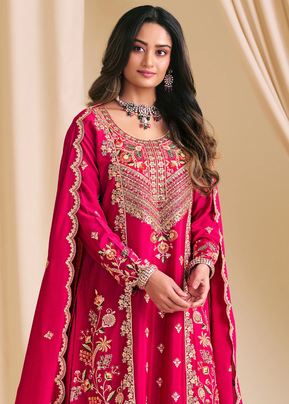Pink Chinnon Silk Festive Flared Palazzo Suit - Image 3