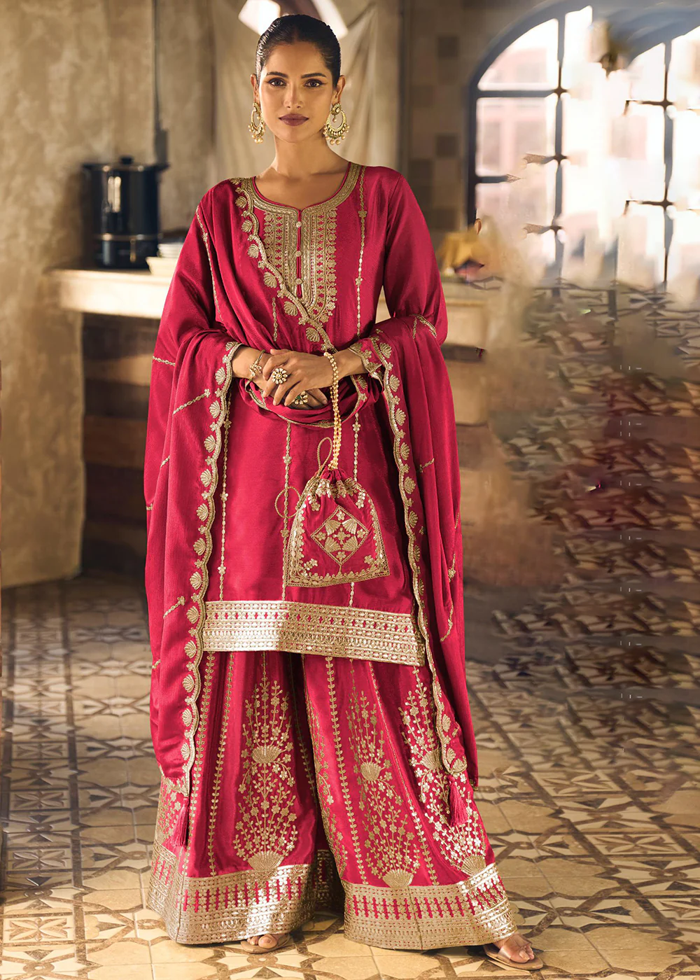 Pink Chinnon Silk Function & Festive Palazzo Suit