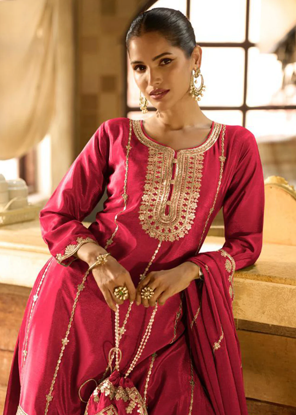 Pink Chinnon Silk Function & Festive Palazzo Suit - Image 2