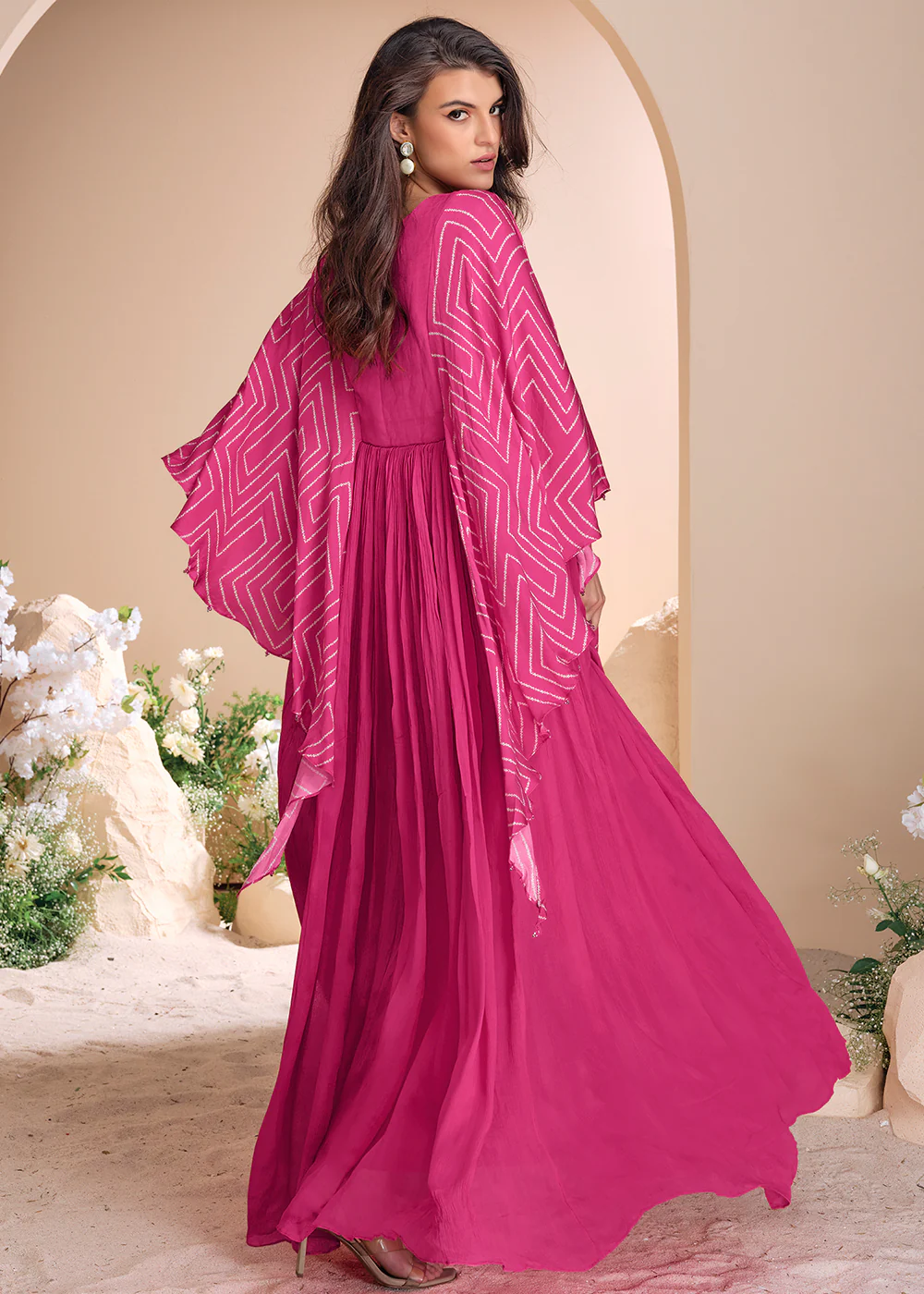 Pink Chinnon Silk Kaftan Style Anarkali Gown - Image 3
