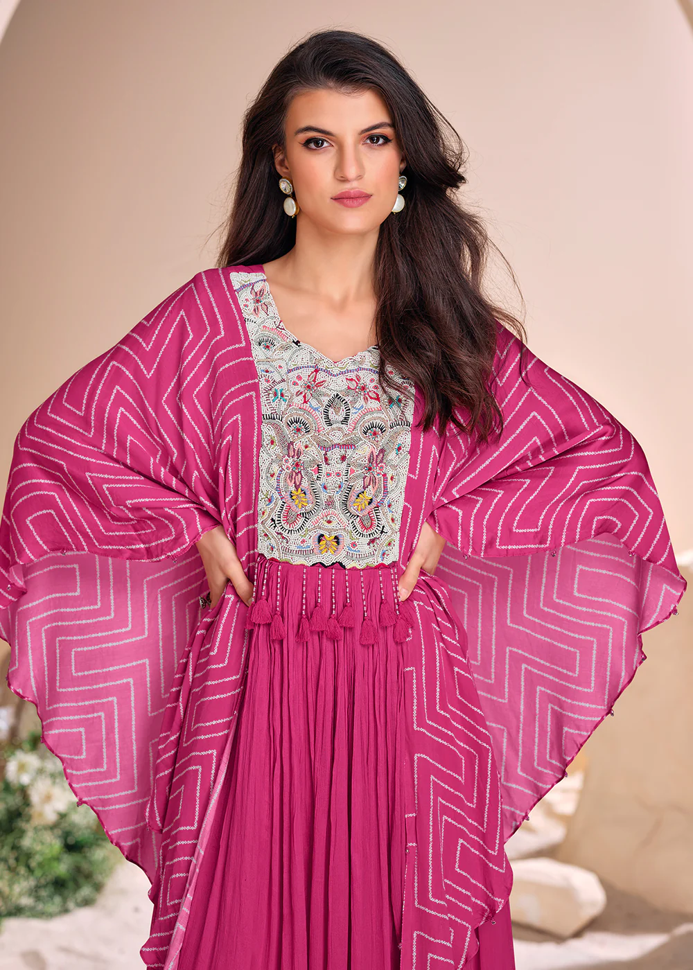 Pink Chinnon Silk Kaftan Style Anarkali Gown - Image 4