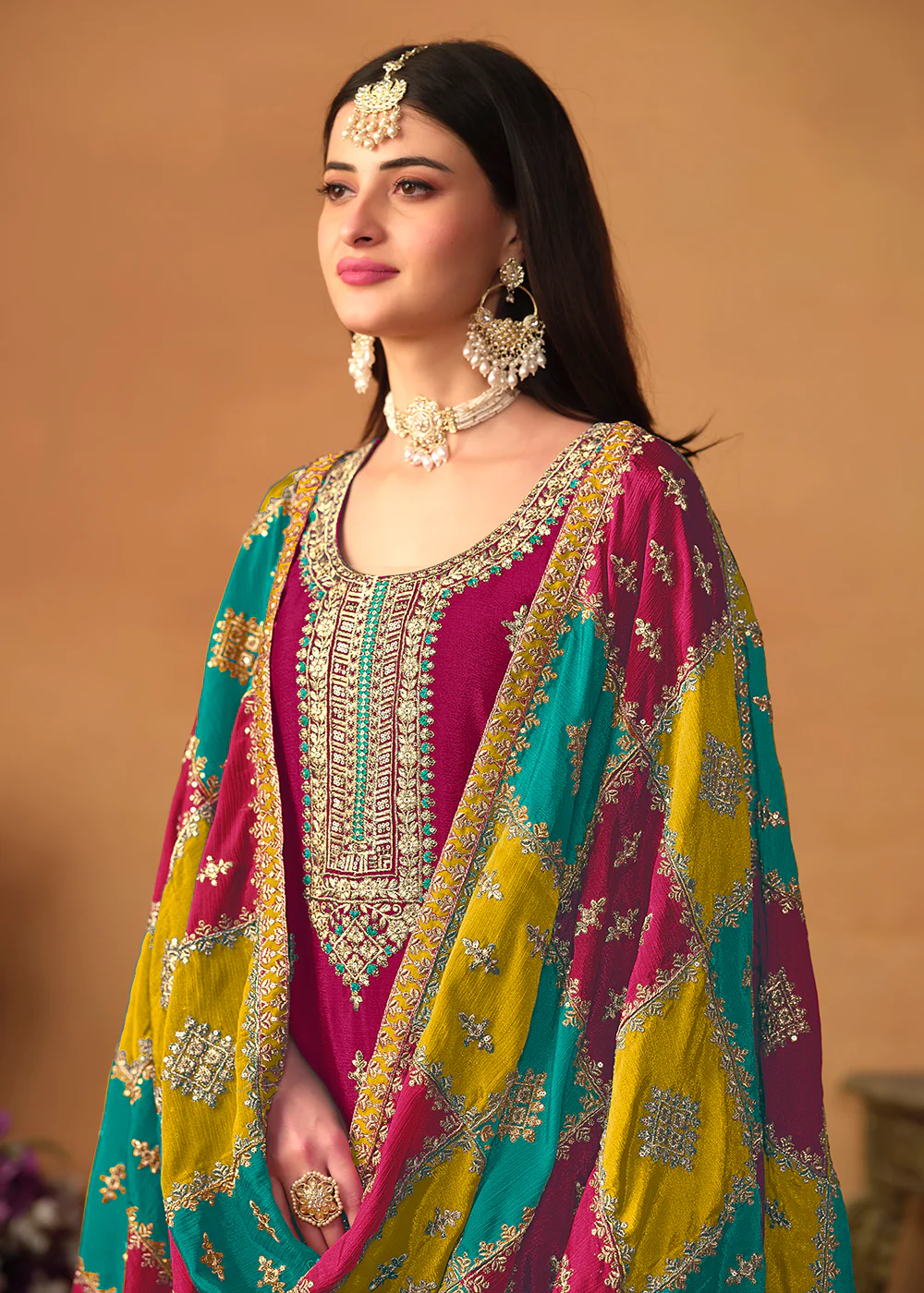 Pink Chinnon Silk Salwar Suit with Multicolor Dupatta - Image 2