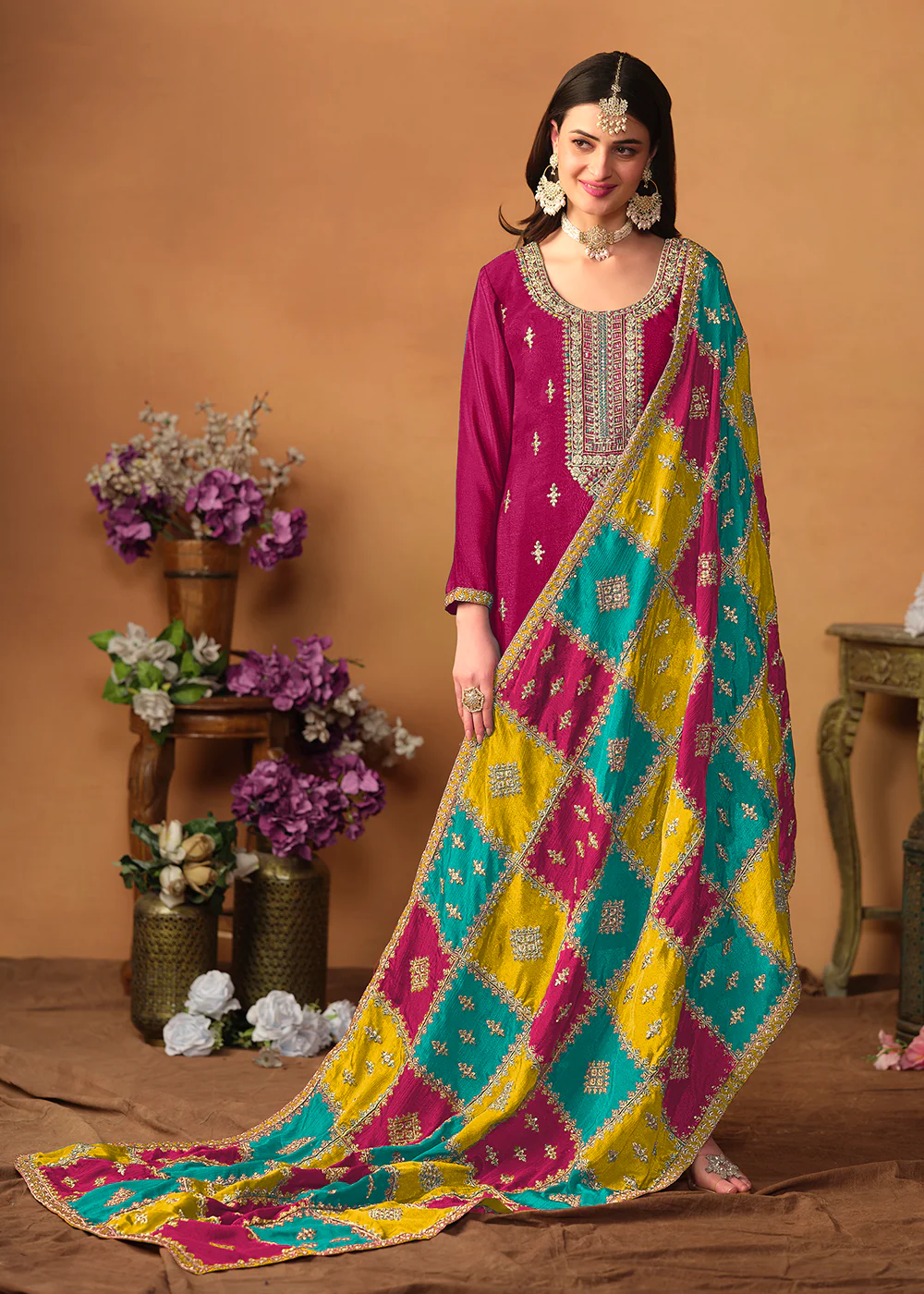 Pink Chinnon Silk Salwar Suit with Multicolor Dupatta - Image 4
