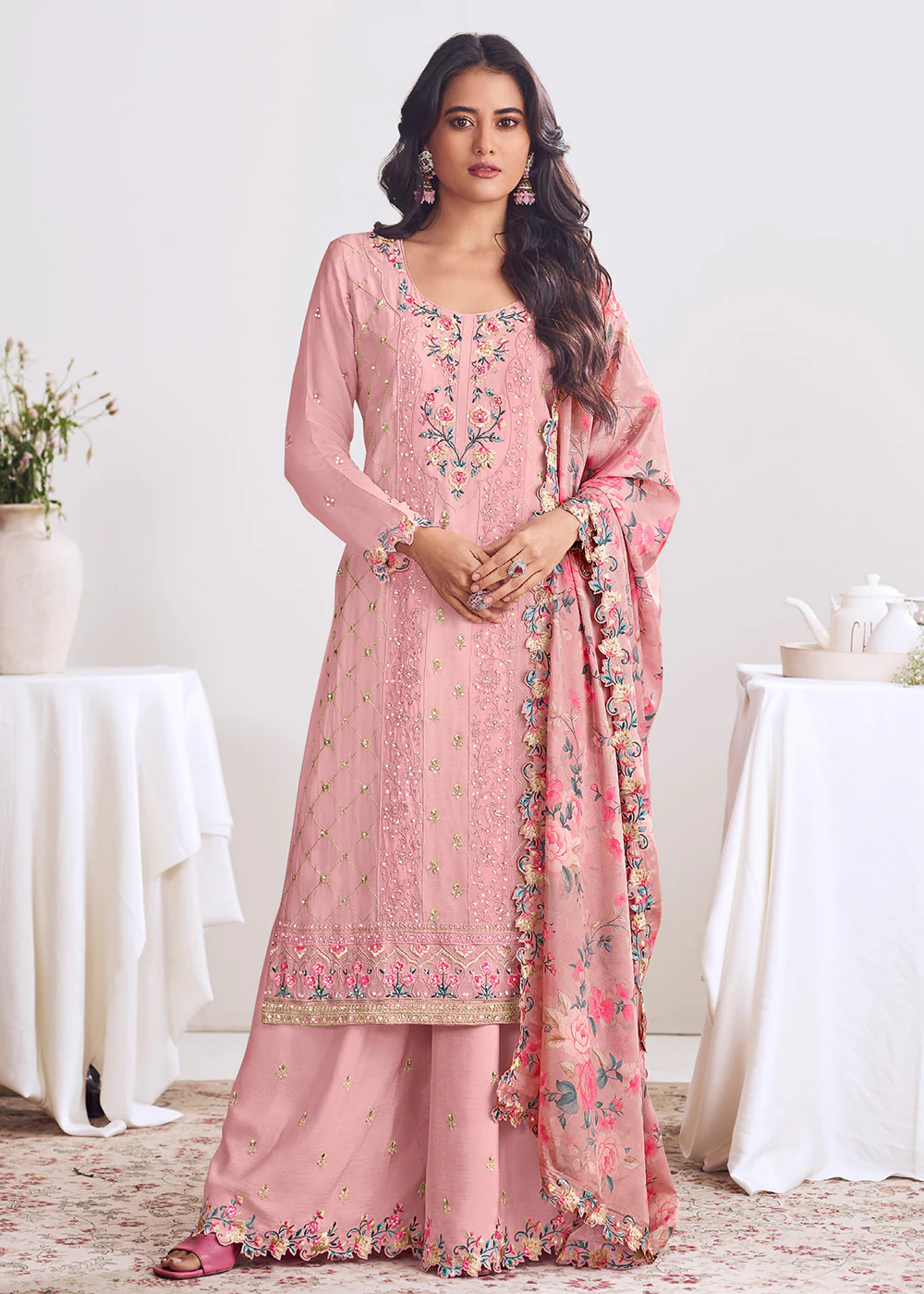 Pink Chinnon Silk Thread & Mirror Palazzo Suit