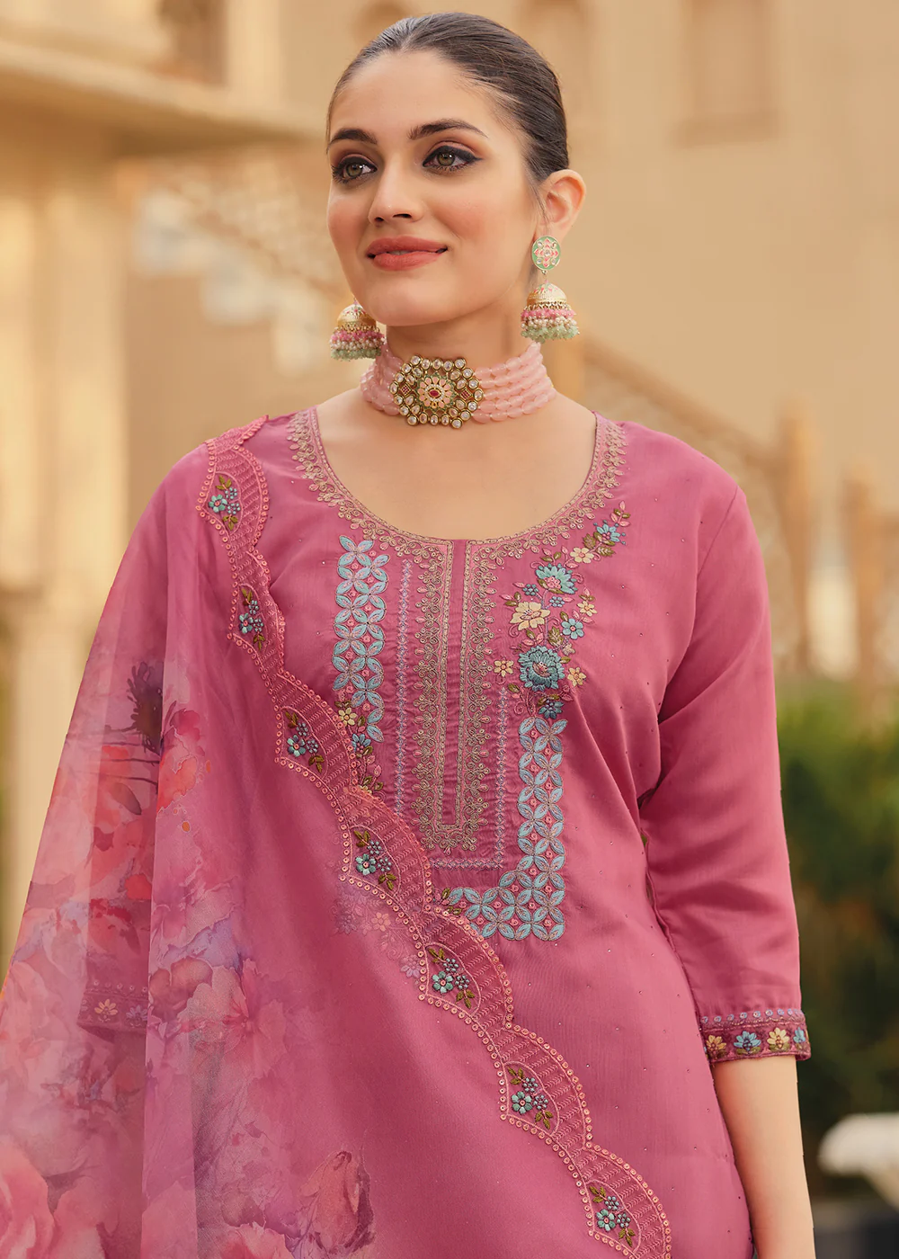 Pink Color Embroidered Silk Pant Style Salwar Suit - Image 2