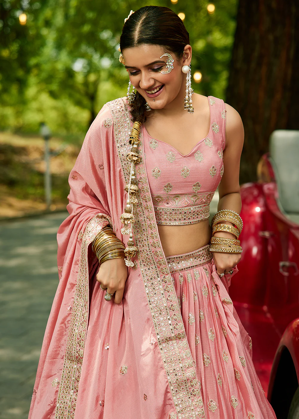 Pink Cording Embroidered Wedding Lehenga Choli - Image 5
