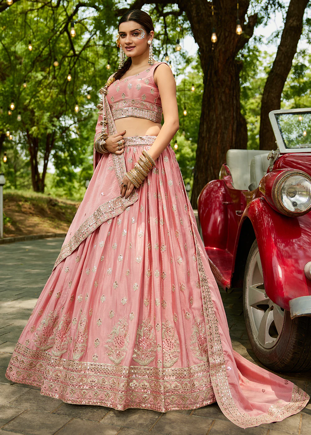 Pink Cording Embroidered Wedding Lehenga Choli - Image 6