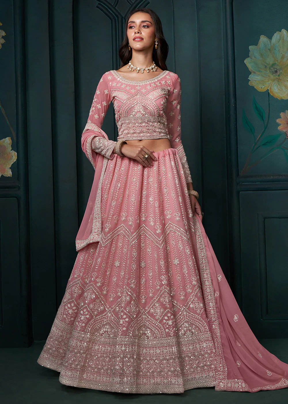 Pink Cording Embroidered Wedding Lehenga Choli