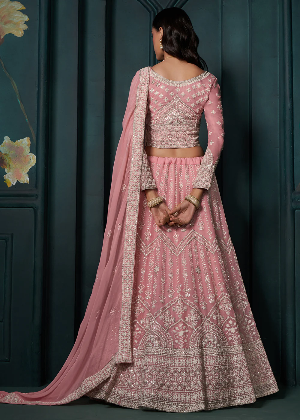 Pink Cording Embroidered Wedding Lehenga Choli - Image 3