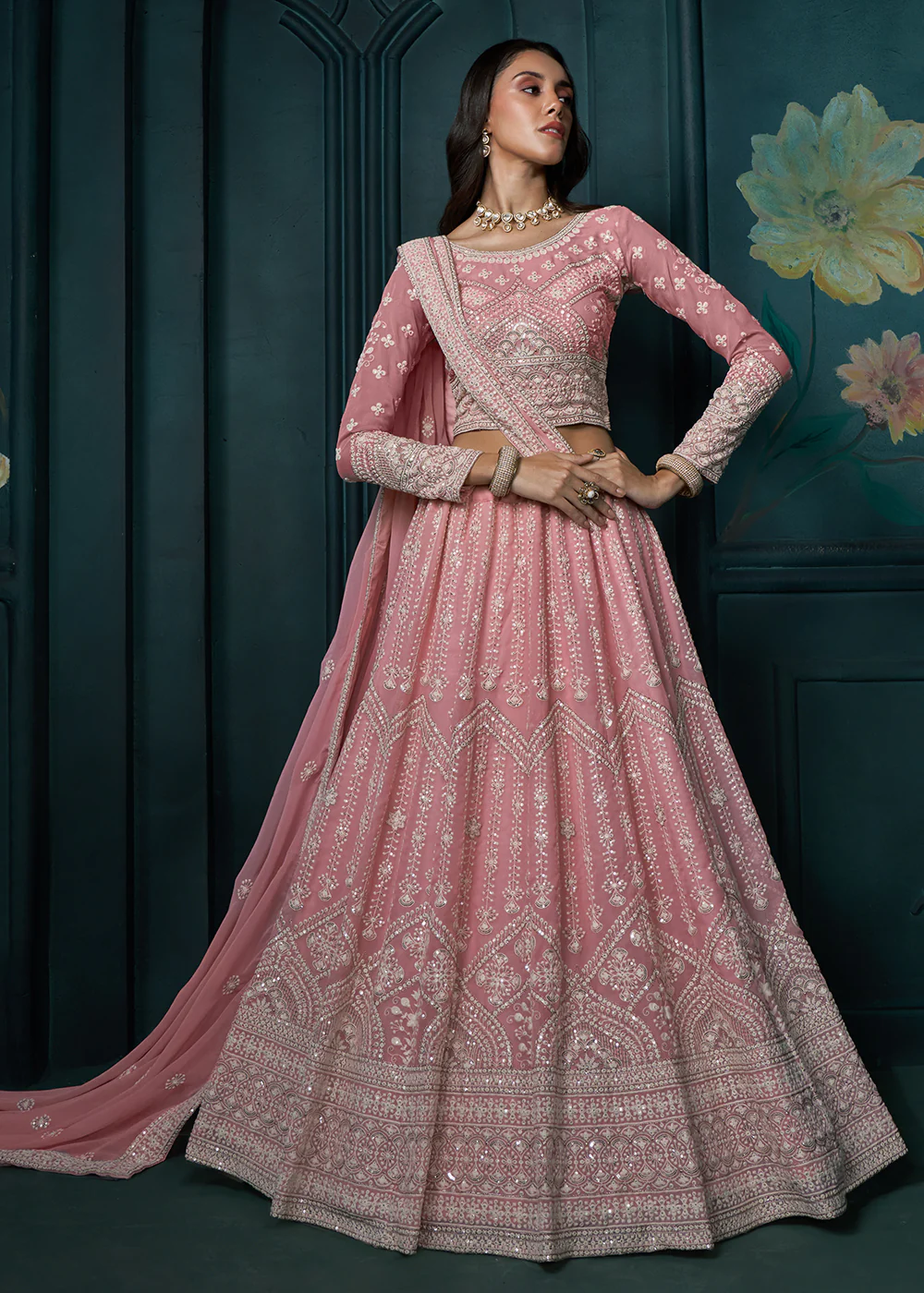 Pink Cording Embroidered Wedding Lehenga Choli - Image 4