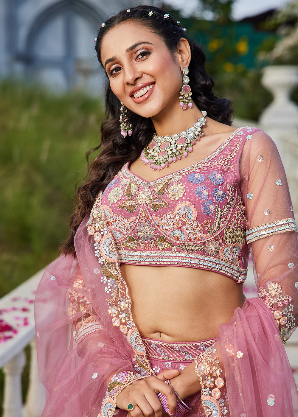 Pink Cording & Sequins Embroidered Net Lehenga Choli - Image 2