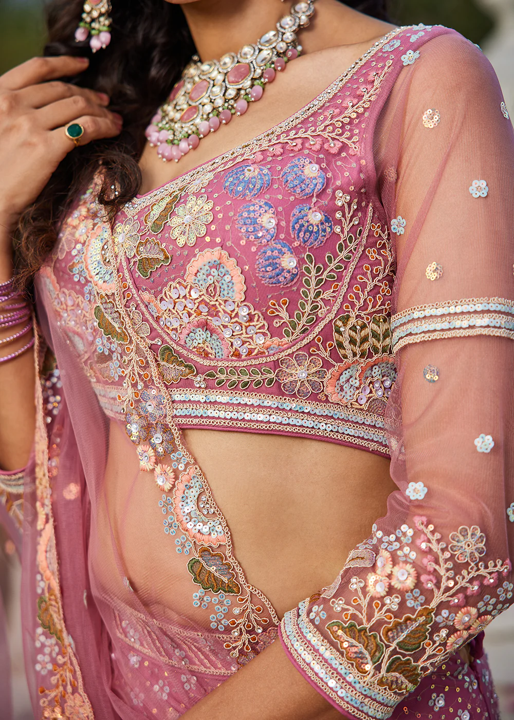 Pink Cording & Sequins Embroidered Net Lehenga Choli - Image 5