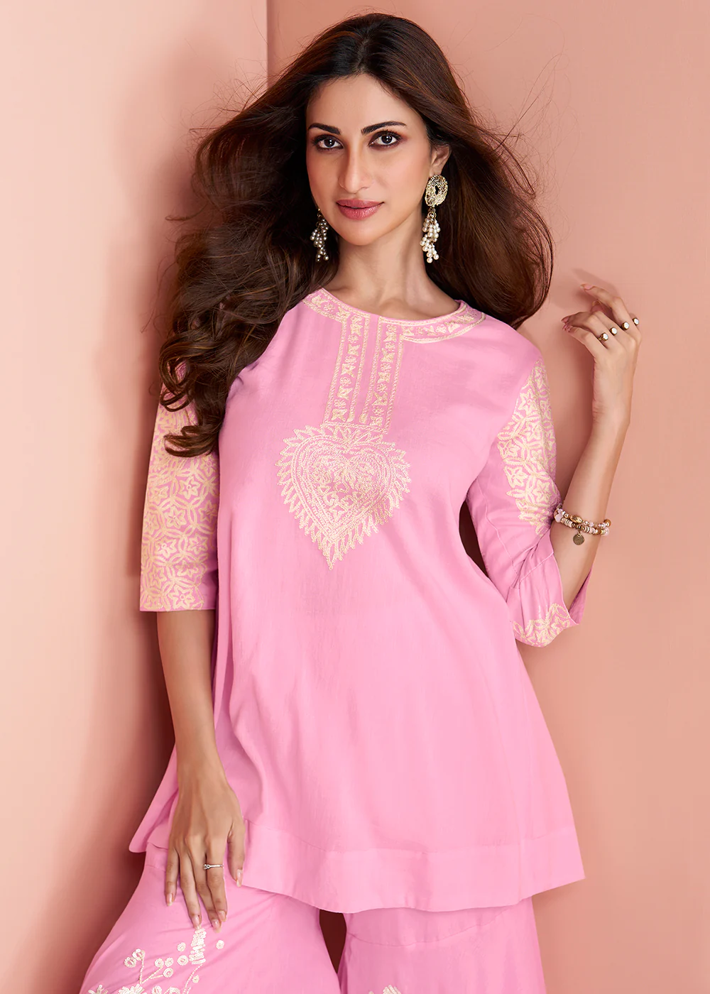 Pink Cotton Silk Party Wear Indo-Western Co-Ords Set - Image 2