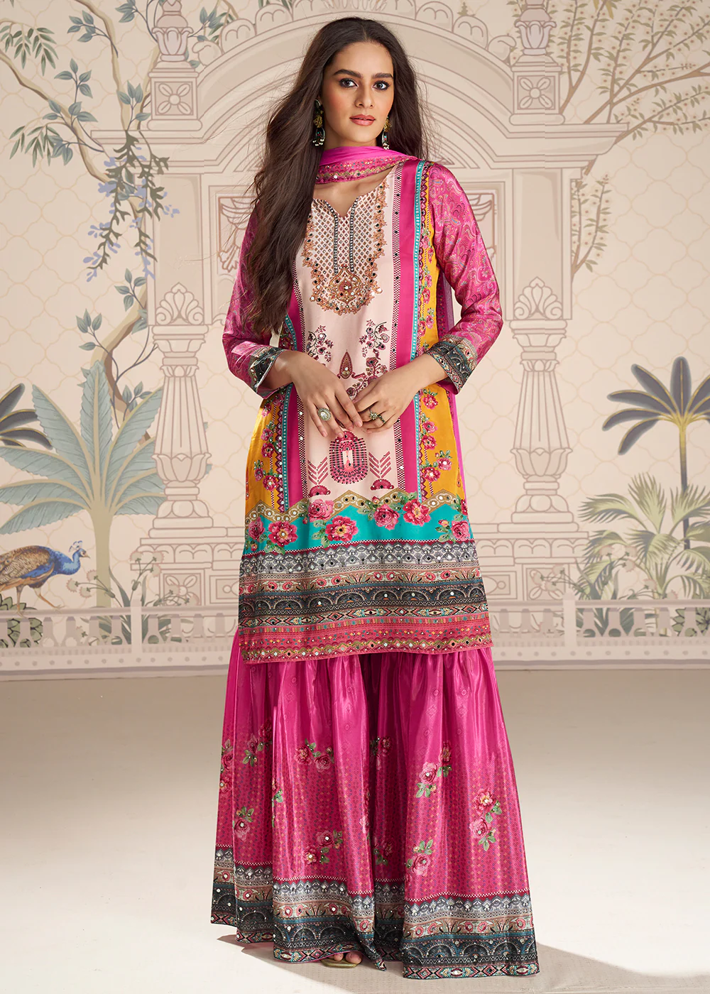 Pink Crepe Silk Stylist Mirror Work Gharara Suit