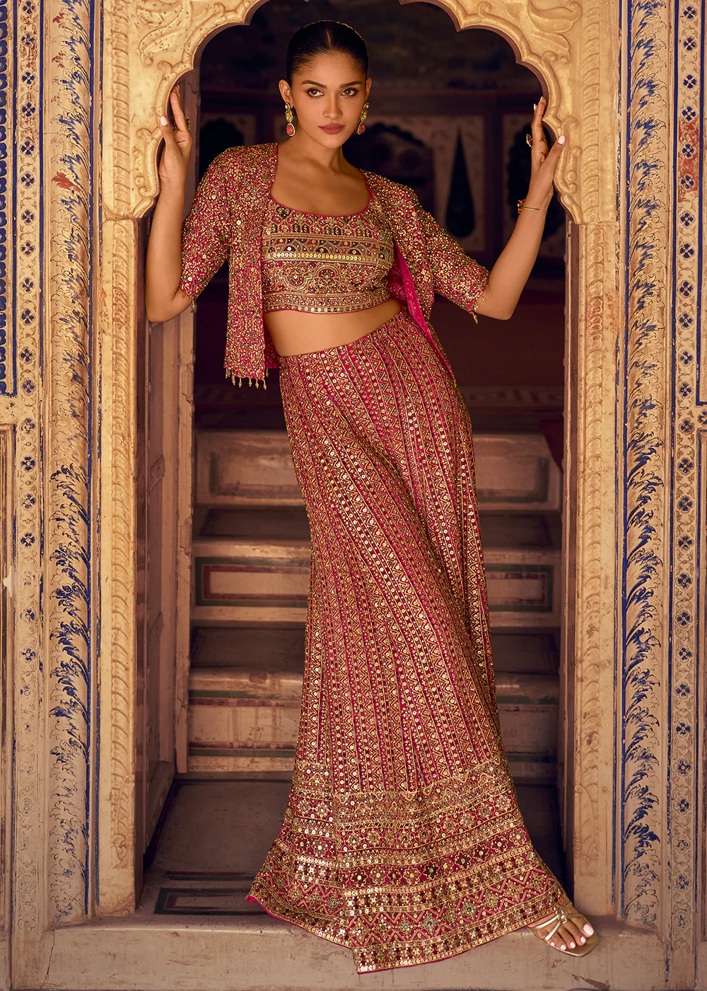 Pink Crop Top Party Style Palazzo Suit with Jacket