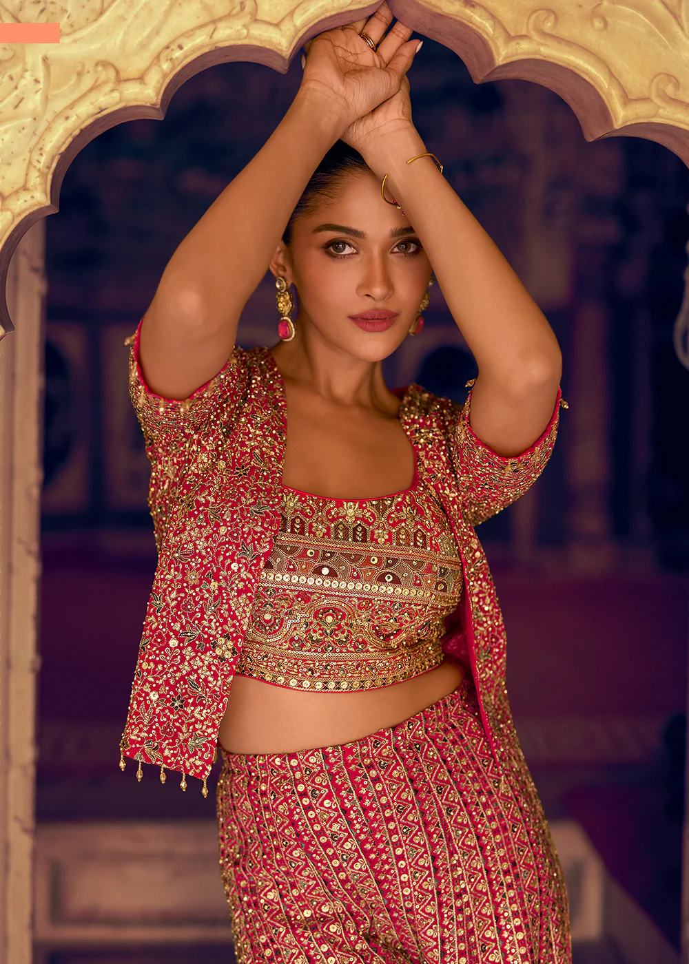 Pink Crop Top Party Style Palazzo Suit with Jacket - Image 2