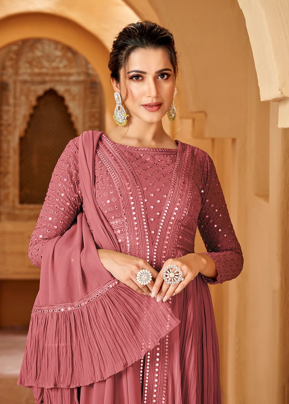Pink Crushed Georgette Mirror Lucknowi Work Anarkali Dress - Image 2