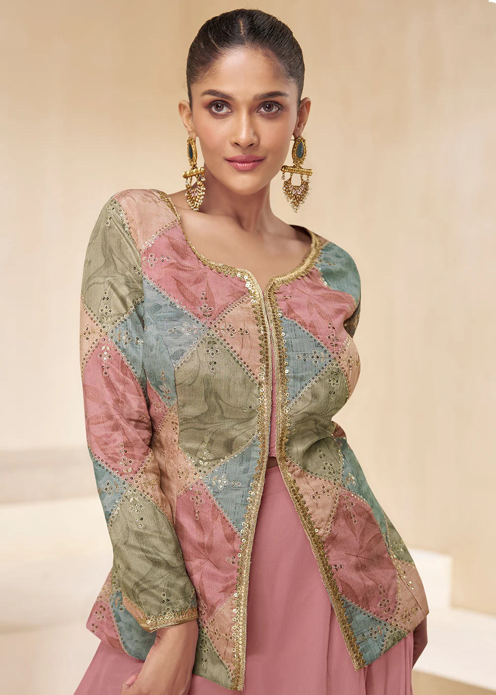 Pink Designer Embroidered Party Wear Sharara Suit - Image 2