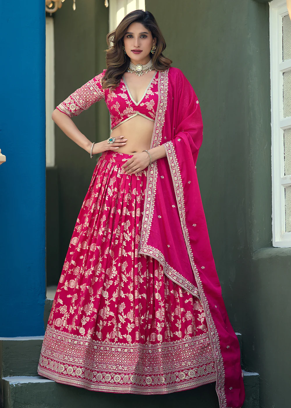 Pink Dola Silk Jacquard Wedding Festive Lehenga