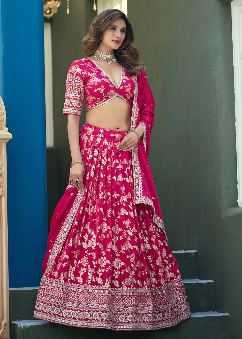 Pink Dola Silk Jacquard Wedding Festive Lehenga - Image 5