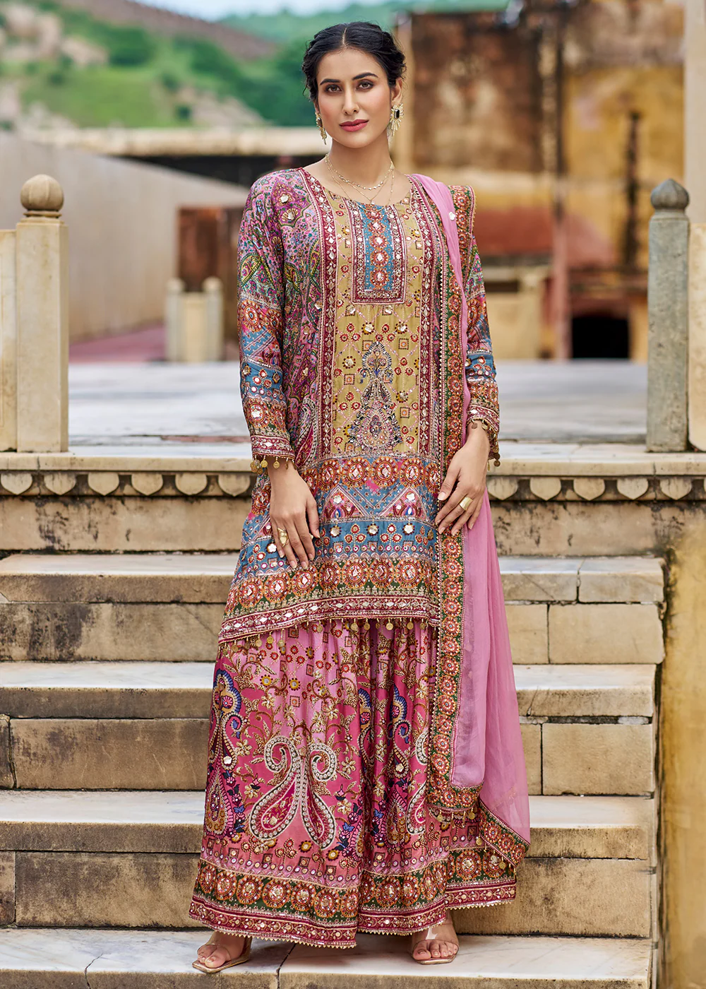 Pink Embellished Heavy Chinnon Palazzo Style Suit