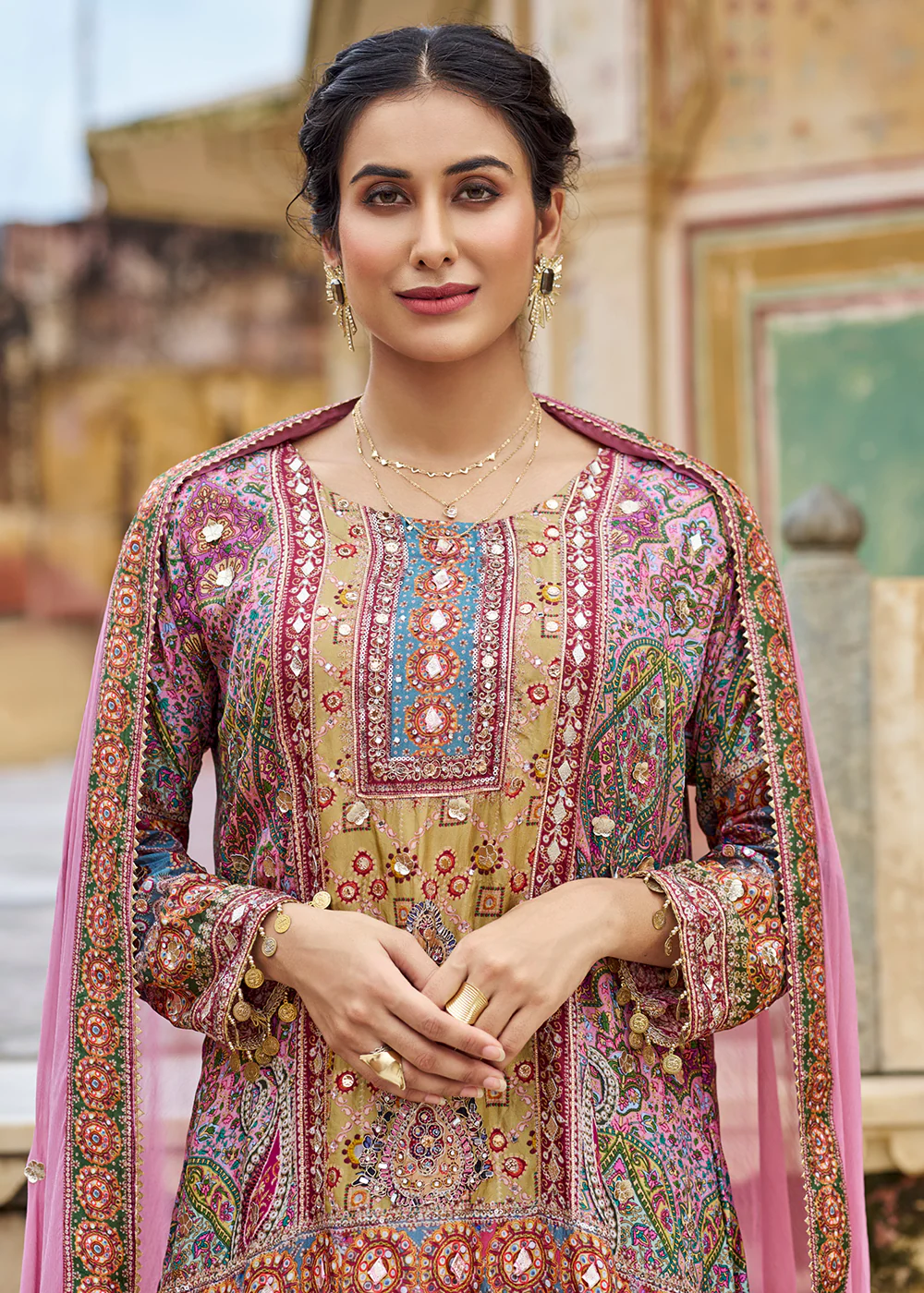 Pink Embellished Heavy Chinnon Palazzo Style Suit - Image 2
