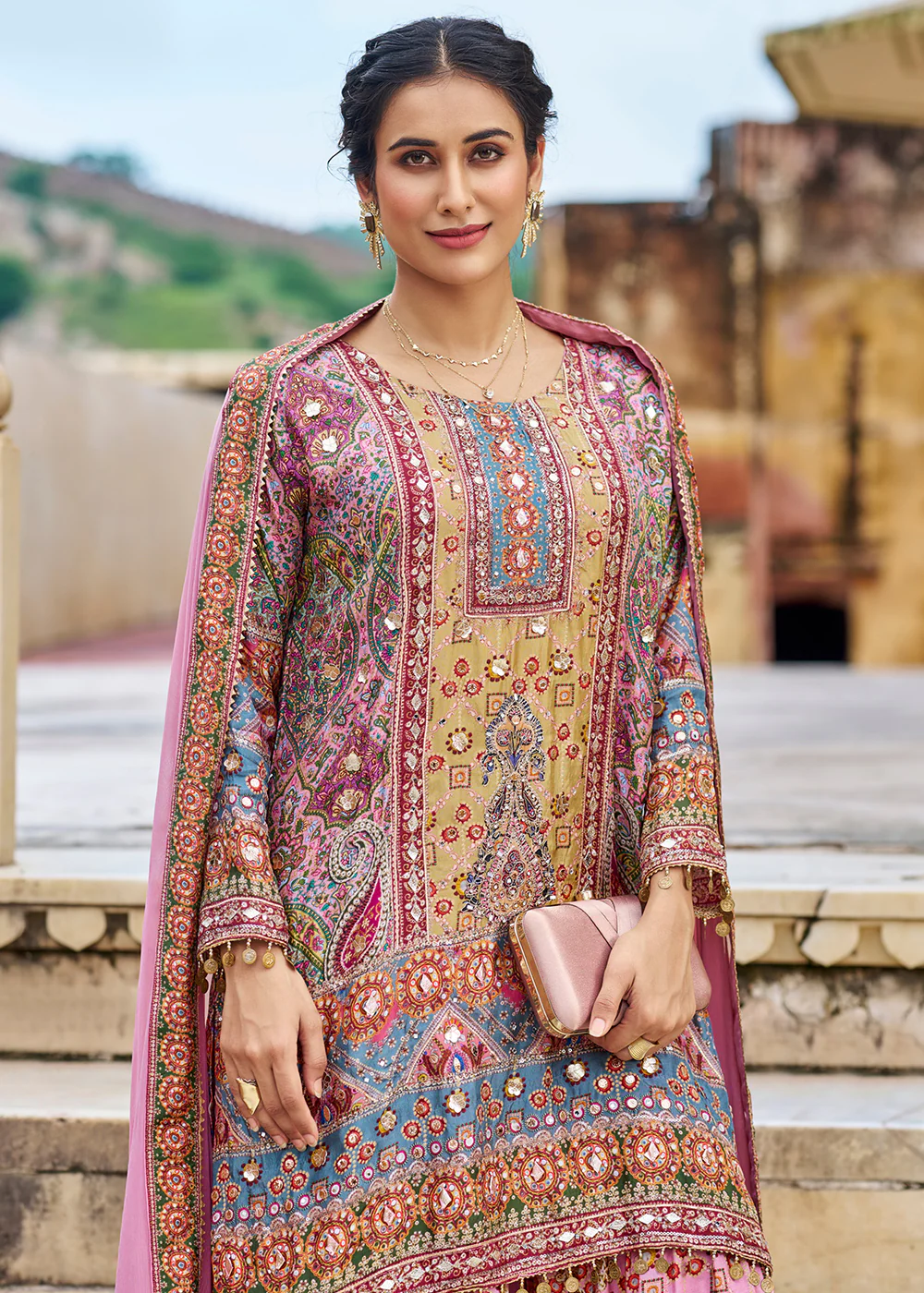 Pink Embellished Heavy Chinnon Palazzo Style Suit - Image 4
