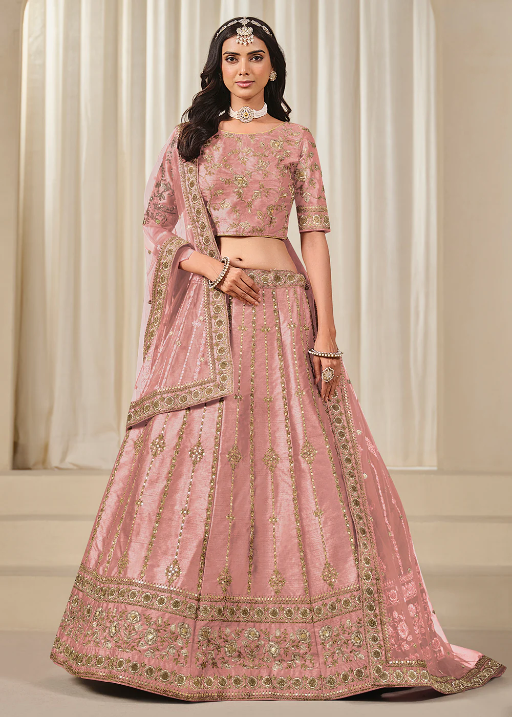 Pink Embroidered Art Silk Wedding Lehenga Choli
