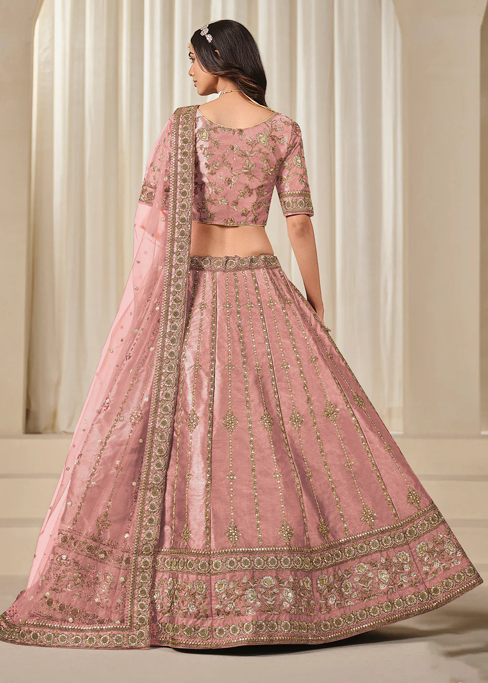 Pink Embroidered Art Silk Wedding Lehenga Choli - Image 3
