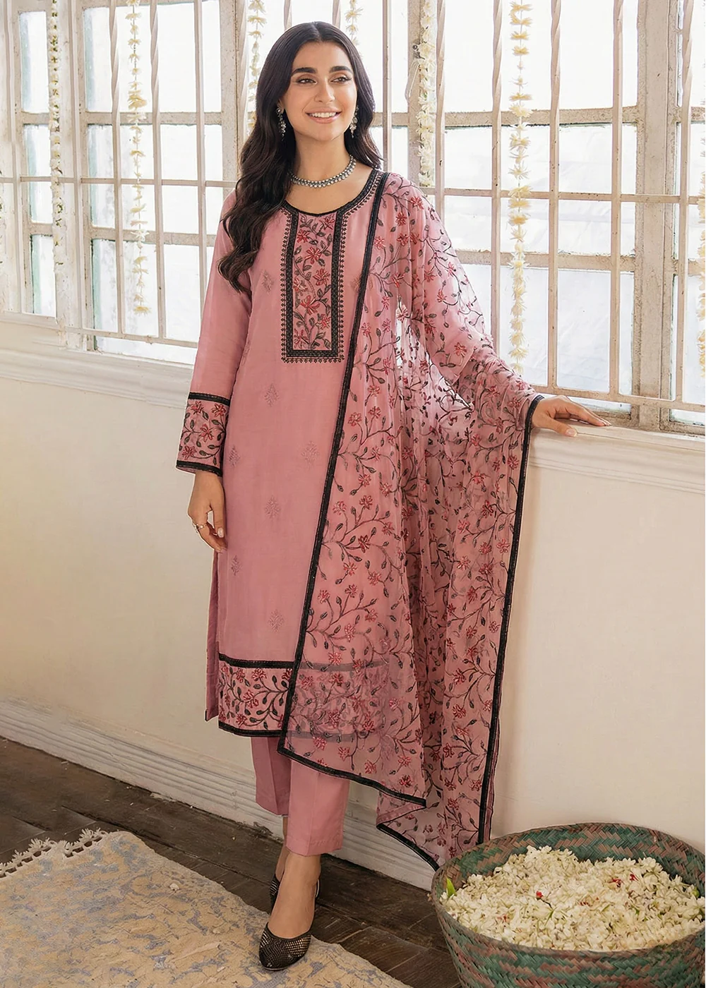 Pink Embroidered Casual & Festive Pant Style Suit