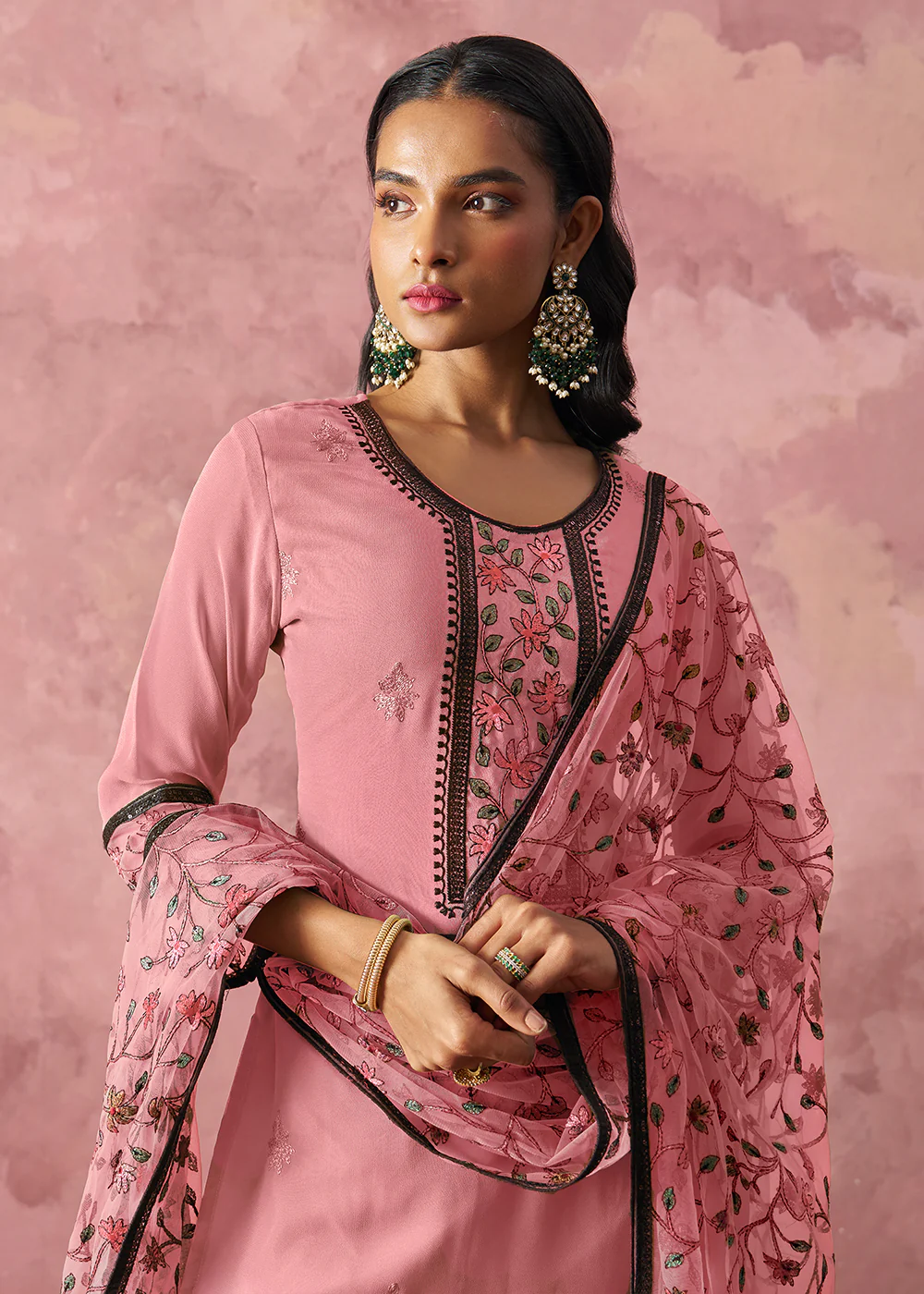 Pink Embroidered Casual & Festive Pant Style Suit - Image 2