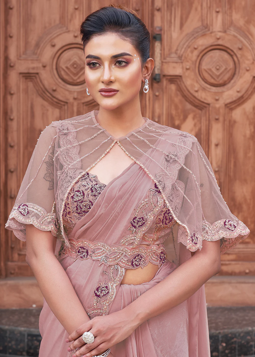 Pink Embroidered Designer Ready to Wear Saree - Image 2