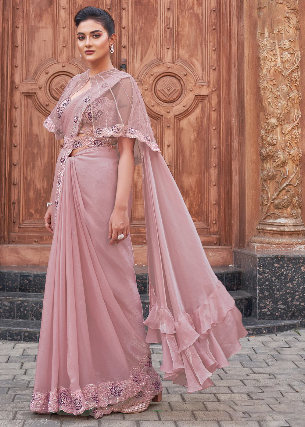 Pink Embroidered Designer Ready to Wear Saree - Image 3