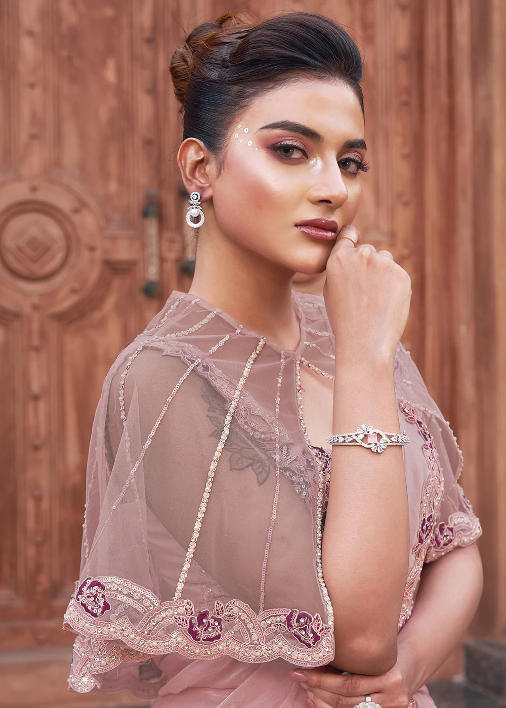 Pink Embroidered Designer Ready to Wear Saree - Image 4