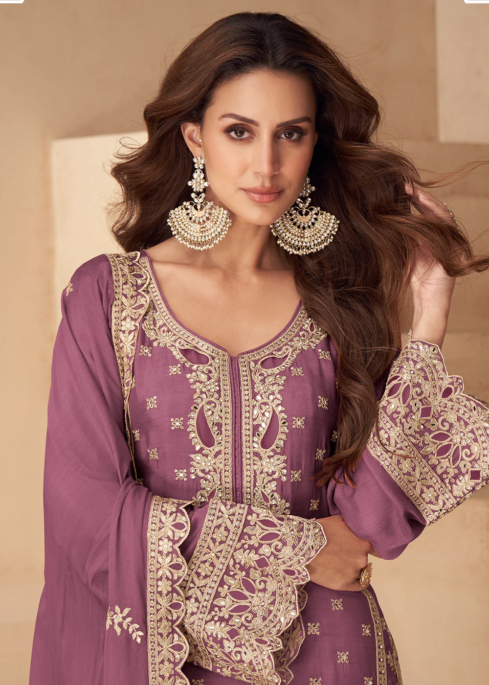 Pink Embroidered Festive Style Palazzo Suit - Image 2