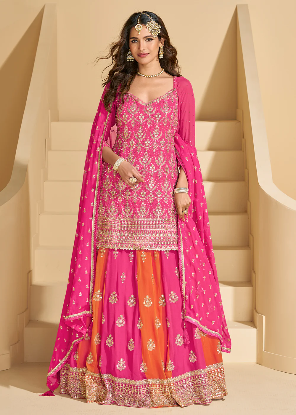 Pink Embroidered Georgette Designer Lehenga Style Suit