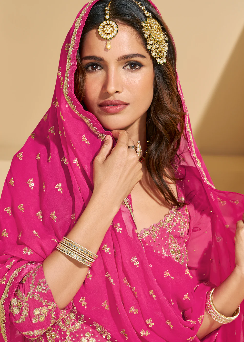 Pink Embroidered Georgette Designer Lehenga Style Suit - Image 2