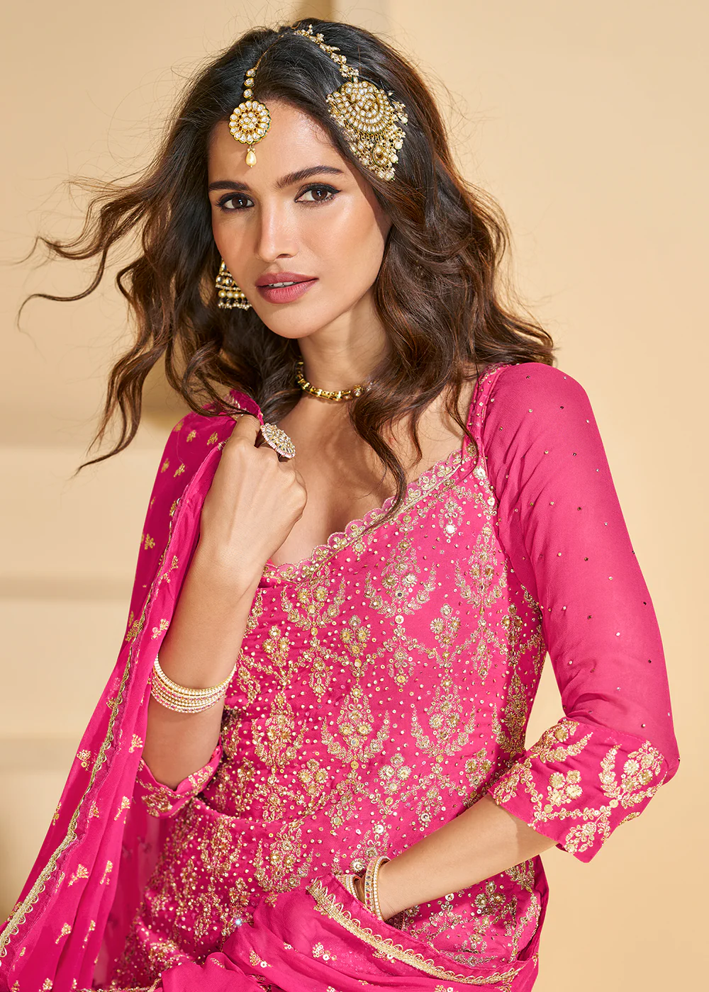 Pink Embroidered Georgette Designer Lehenga Style Suit - Image 3