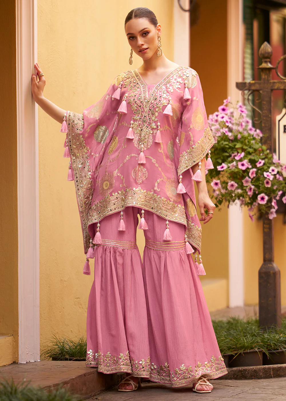 Pink Embroidered Kaftan Style Trendy Gharara Suit