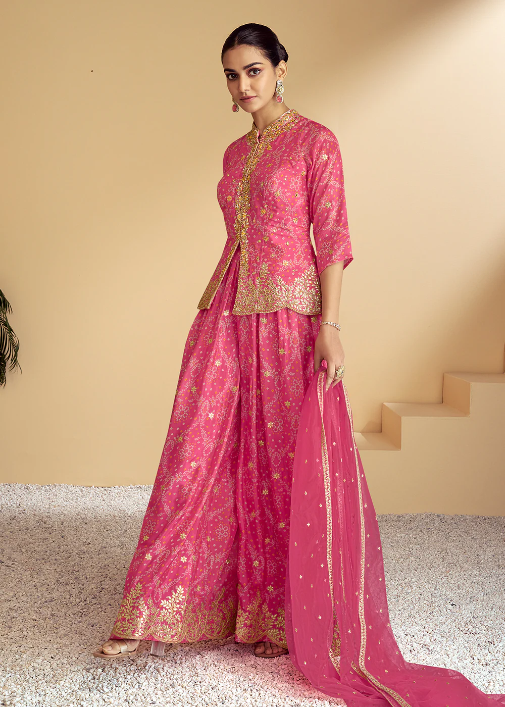 Pink Embroidered Kurti Style Palazzo Style Suit - Image 3