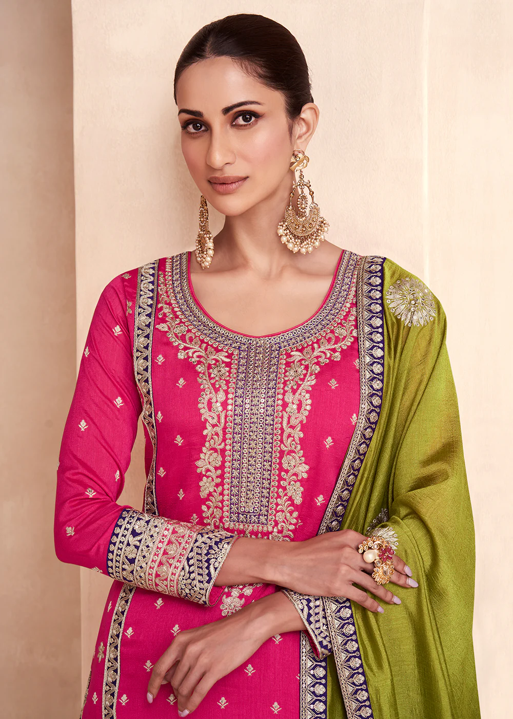 Pink Embroidered Premium Silk Palazzo Suit with Green Dupatta - Image 2