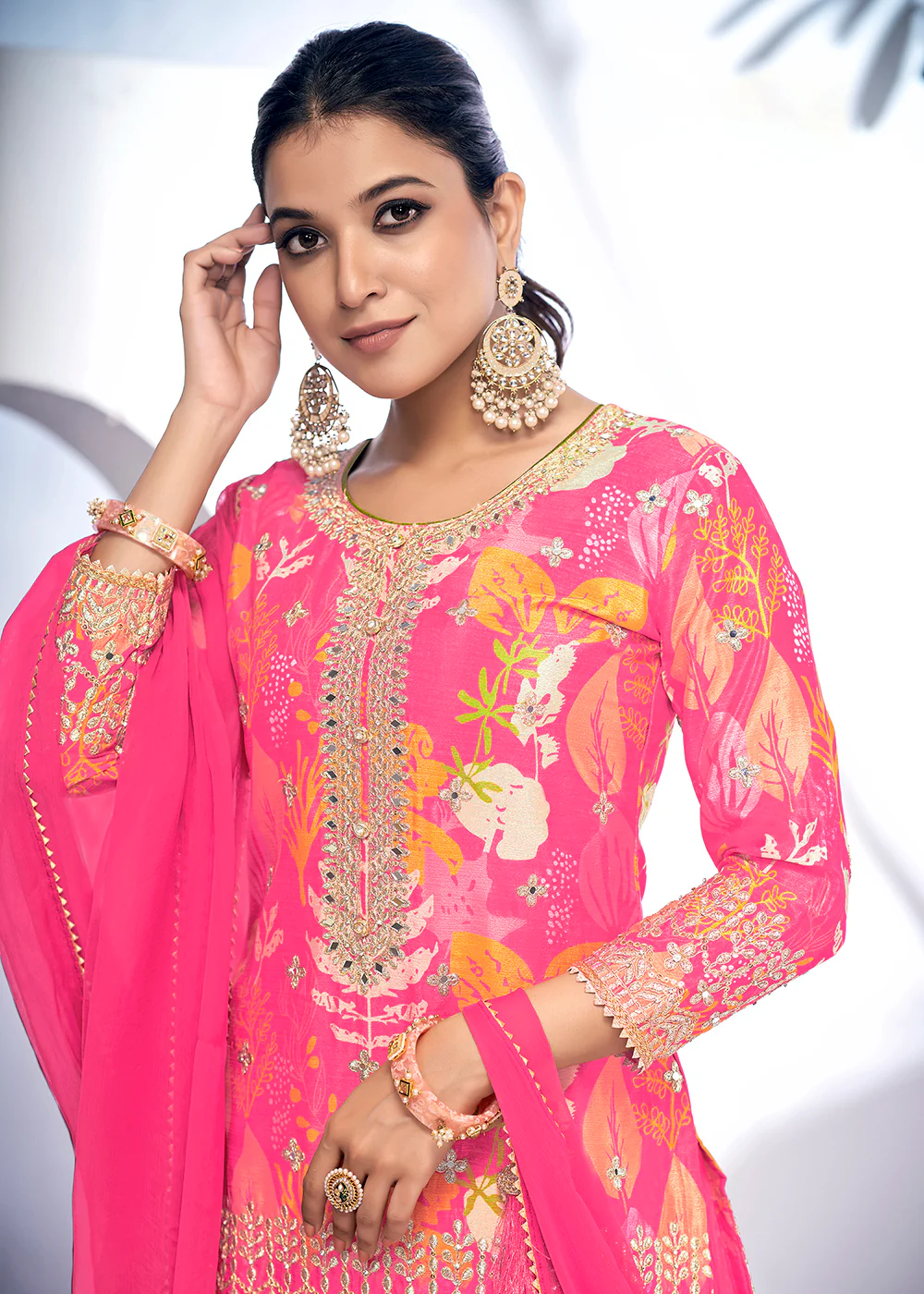 Pink Embroidered & Printed Festive Gharara Suit - Image 2