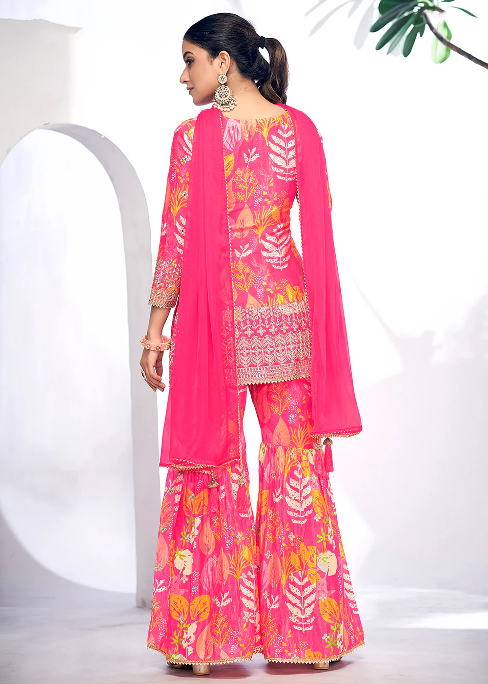 Pink Embroidered & Printed Festive Gharara Suit - Image 3