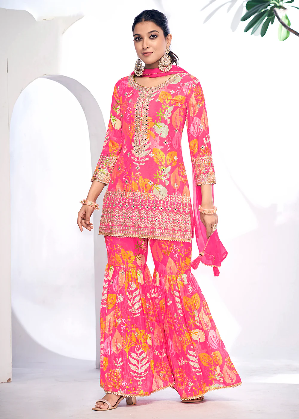 Pink Embroidered & Printed Festive Gharara Suit - Image 4
