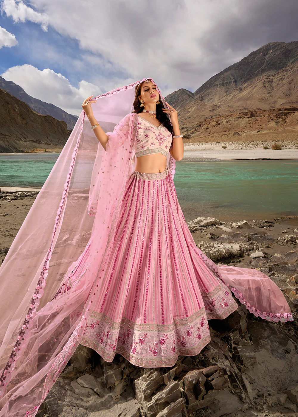 Pink Embroidered Pure Georgette Designer Bridal Lehenga Choli - Image 3