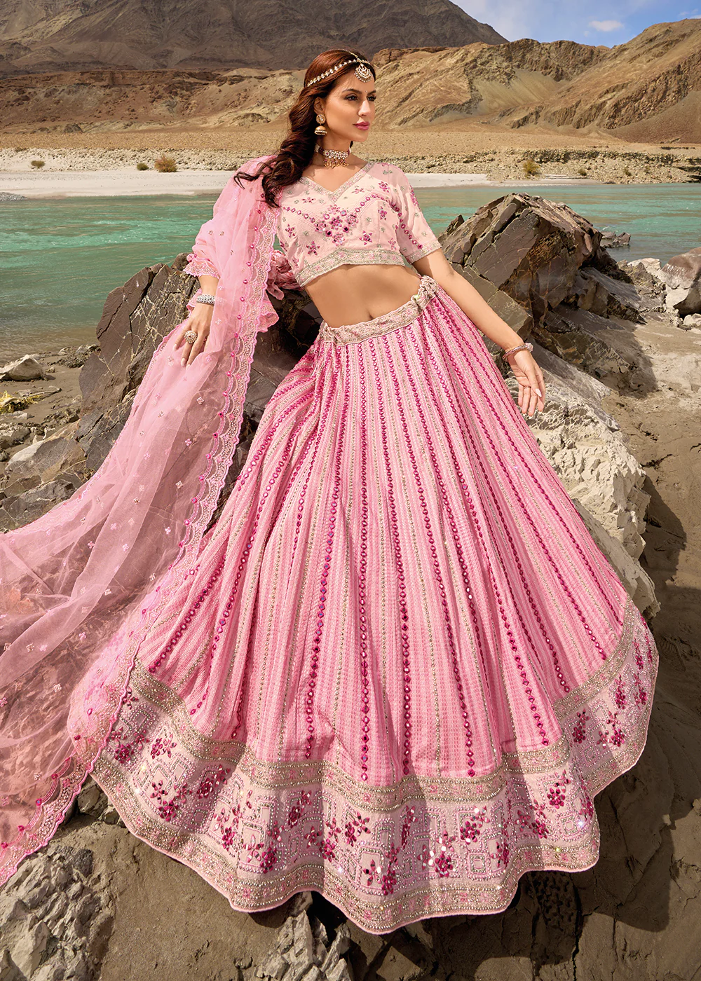 Pink Embroidered Pure Georgette Designer Bridal Lehenga Choli - Image 4