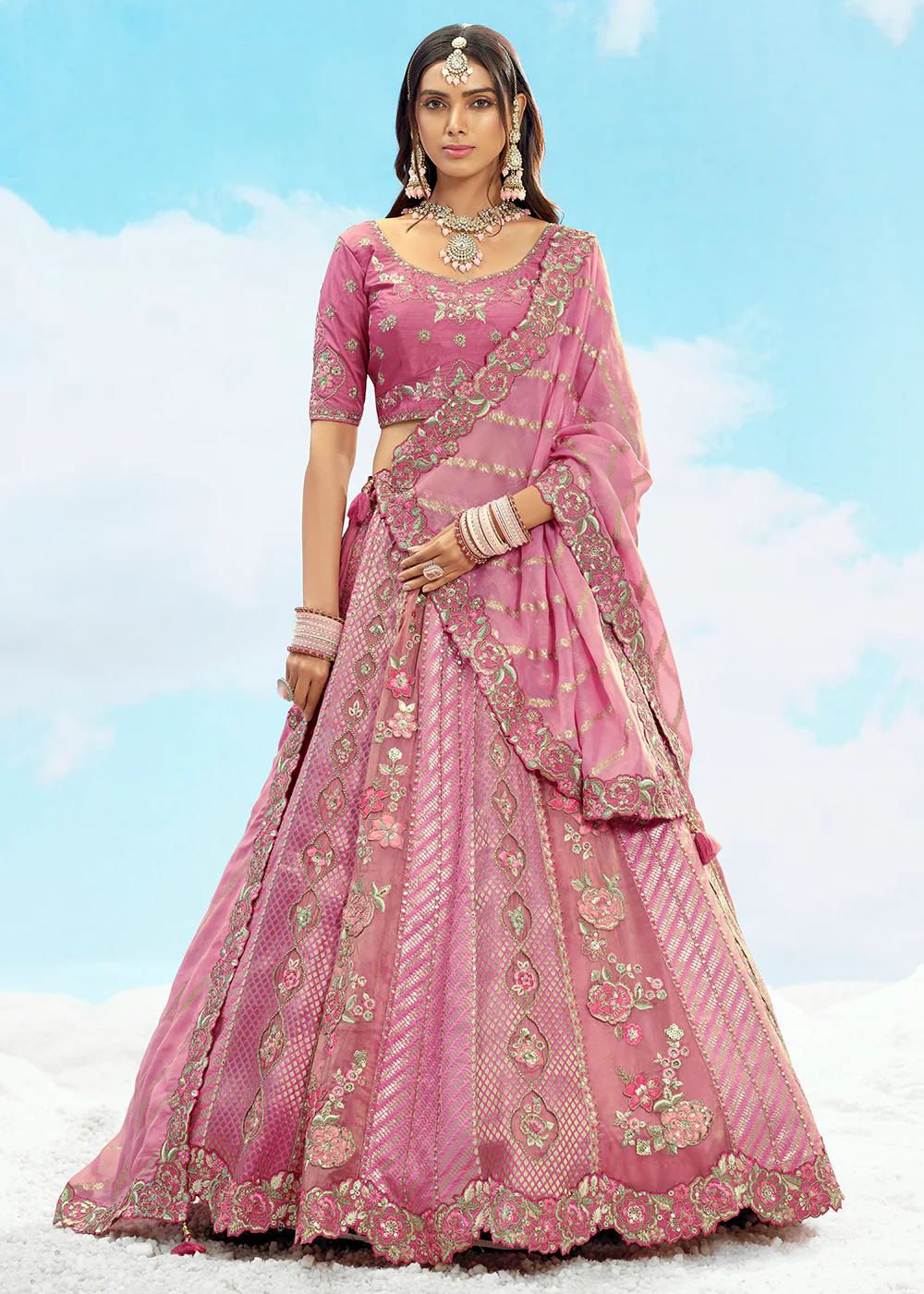 Pink Fancy Silk Heavy Embroidered Bridal Lehenga Choli