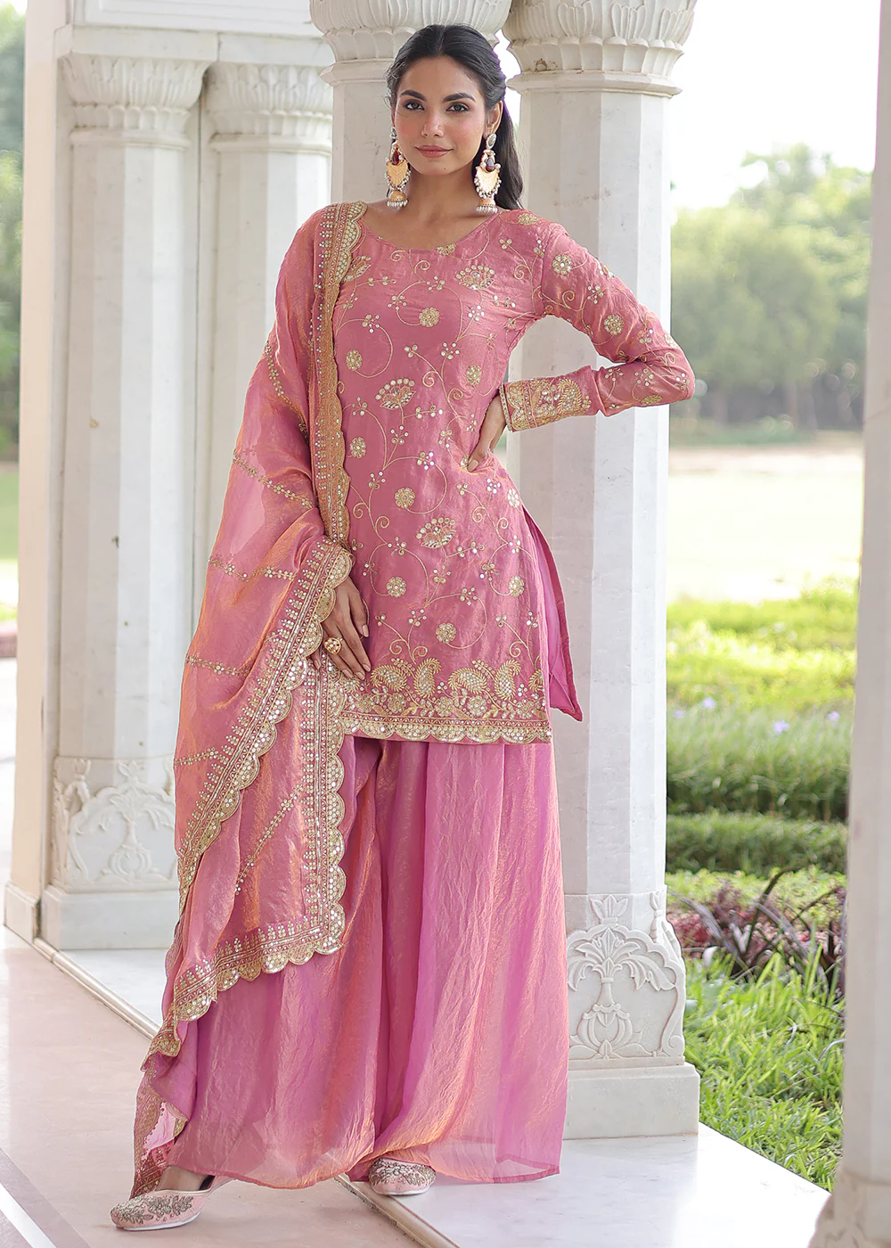 Pink Fendy Silk Rich Sequins Sharara Suit