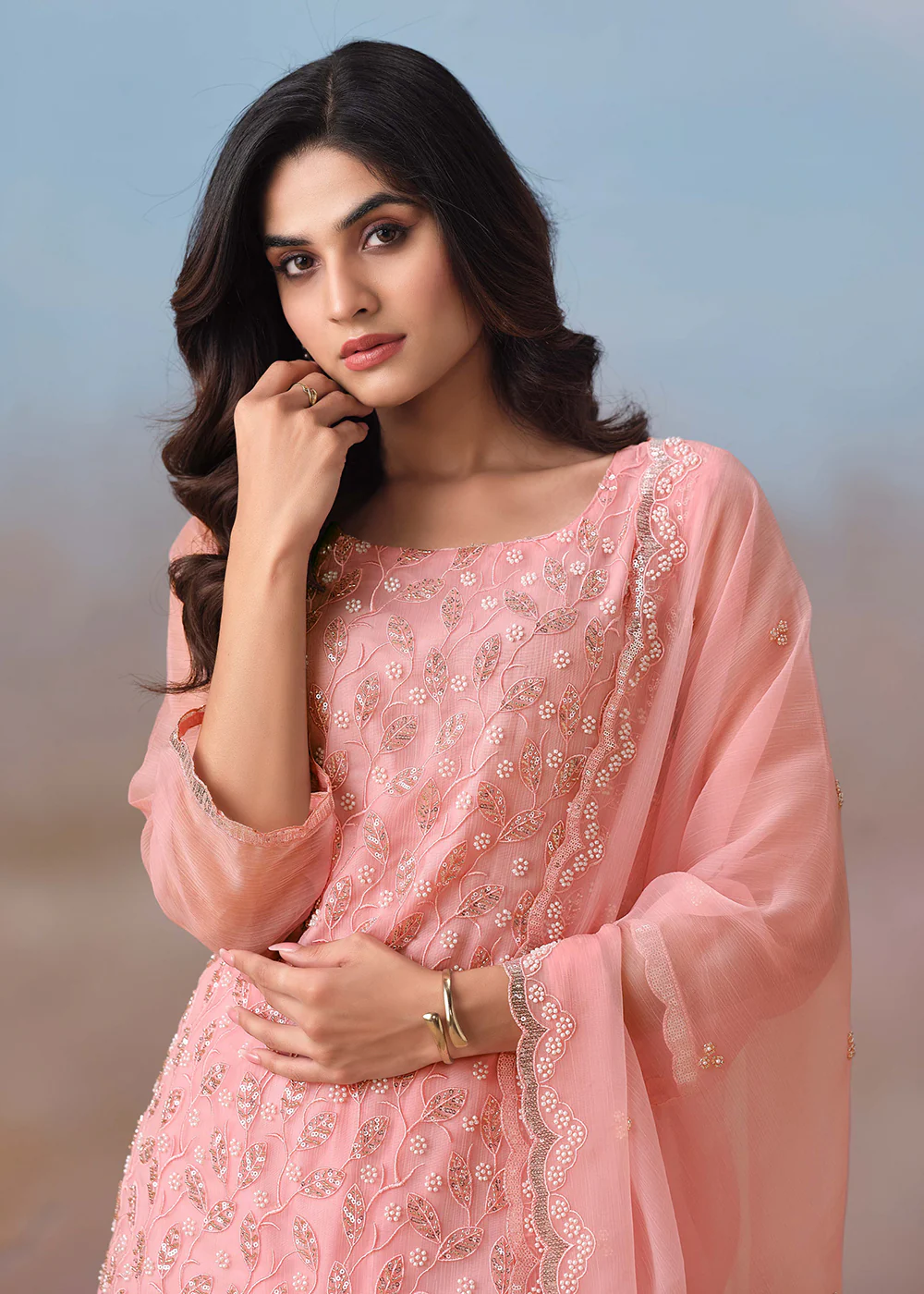 Pink Festive Style Beads Work Chiffon Salwar Suit - Image 2