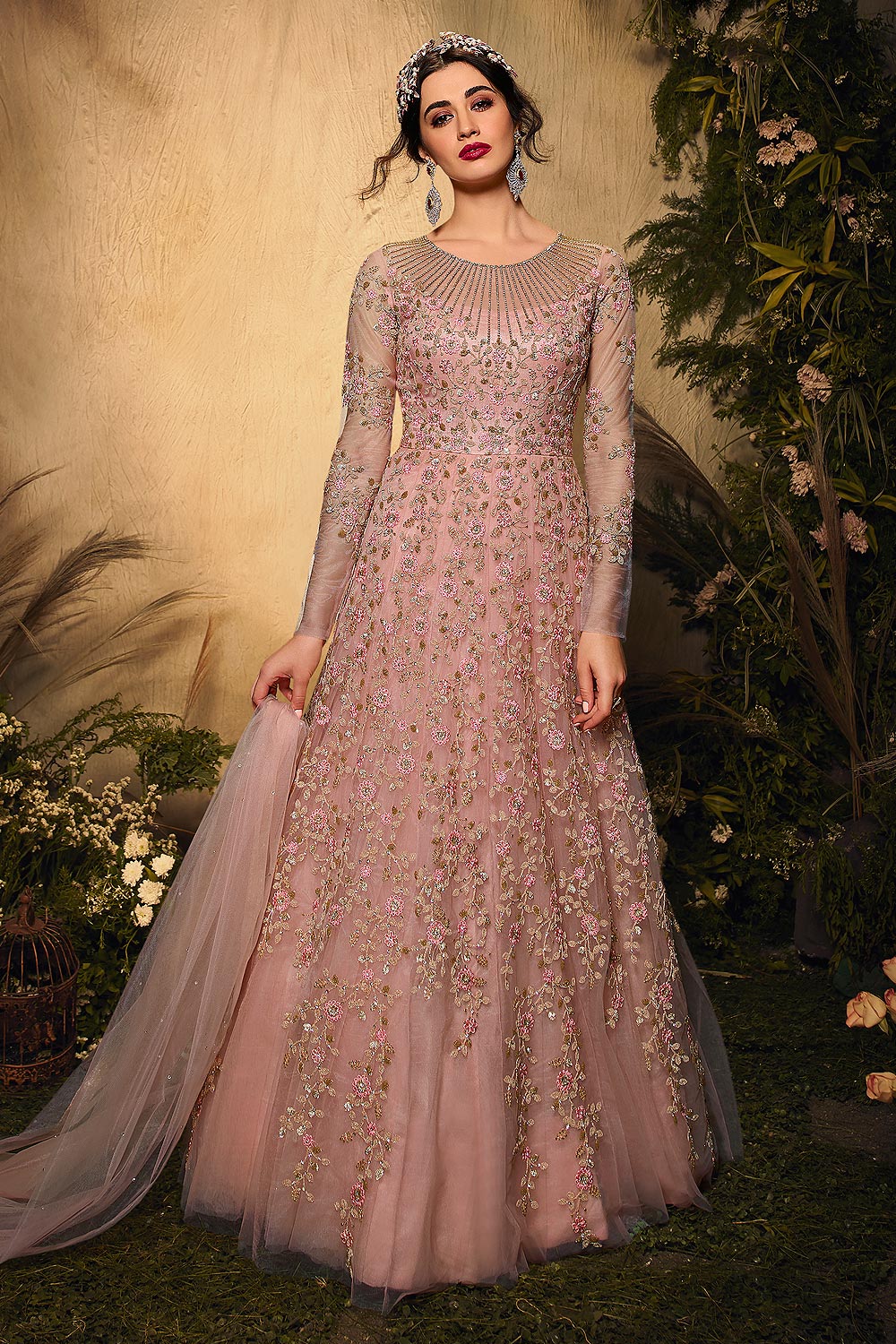Dusky Pink Floral Embroidered Net Anarkali Suit